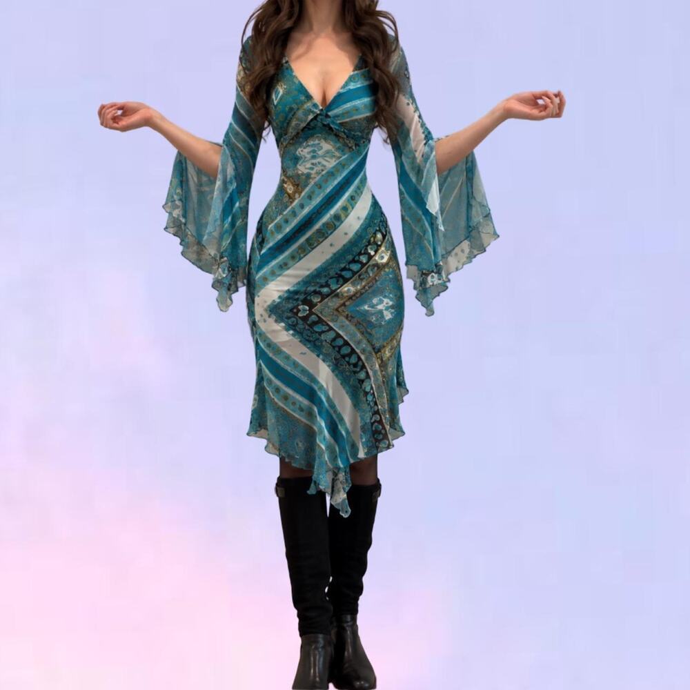 Vintage 90s y2k paisley asymmetrical scarf hem whimsygoth dress